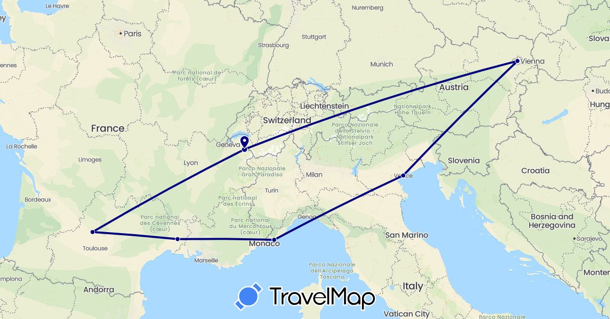 TravelMap itinerary: driving in Austria, France, Italy (Europe)